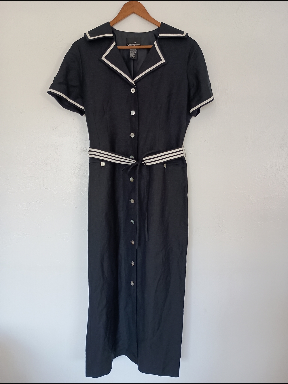 Vintage Positive Attitude Linen Blend Black Maxi Dress with White Trim